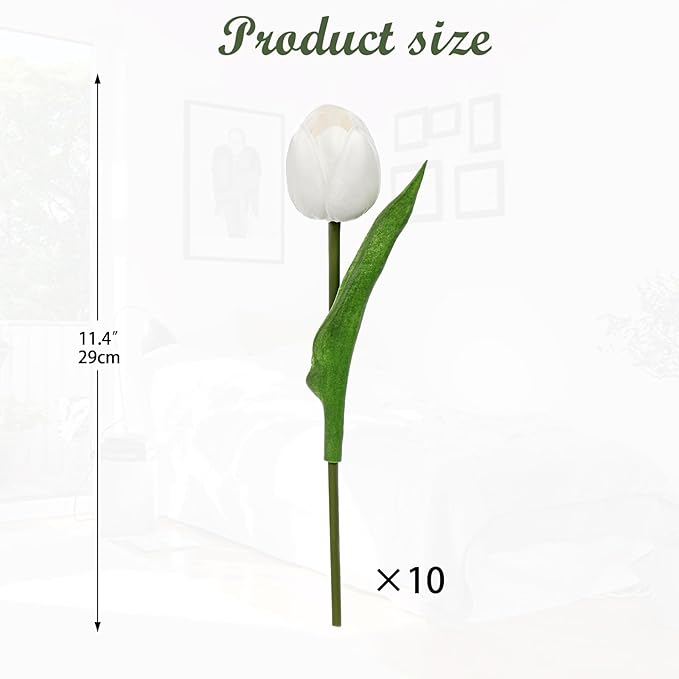 DILATATA 10 Pcs White Tulips Artificial Flowers Large Tulips Head Real Touch Fake Tulip Fake Flowers for Mother's Day 11.4" Faux Tulip for Vase Centerpieces Home Wedding Bouquet