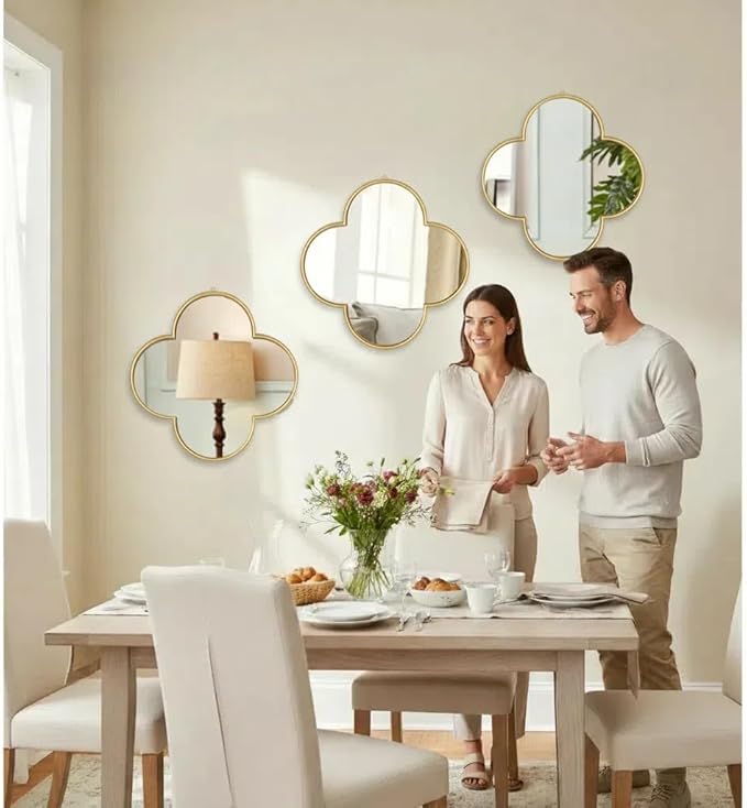 DECANIT Decorative Wall Mirrors Set of 3,Gold Clover Hanging Mirrors with Scalloped Frame for Living Room, Bedroom & Entryway, Accent Wall Decor