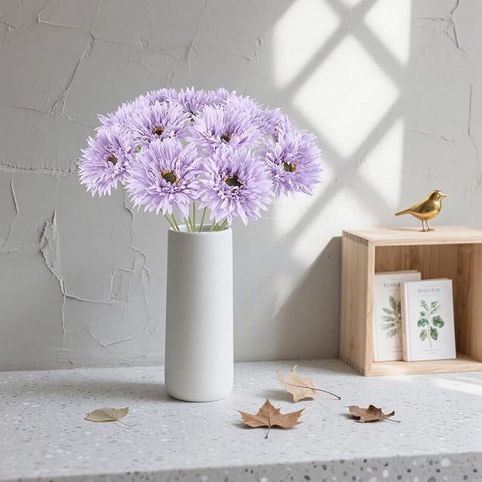 Artificial Gerbera Daisies 12pcs Purple Daisy Artificial Flowers Fake Silk Flowers with Stems for Floral Arrangements Home Wedding Dining Table Party Garden Decor(Purple)