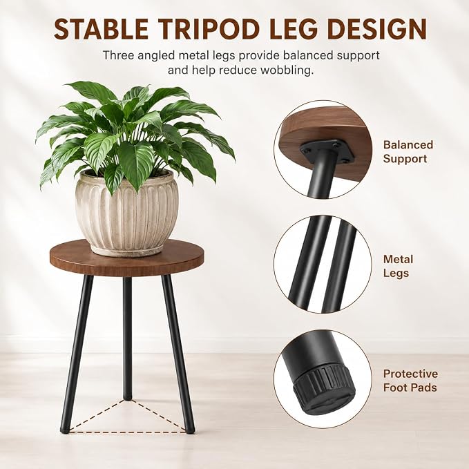 2 Pack Plant Stand Set: Small Round Plants Stand Indoor Wood Grain Plant Tables with Metal Legs - Indoor Outdoor Plant Stands for Living Room, Bedroom, Patio, Balcony, Brown, 150 lbs Capacity