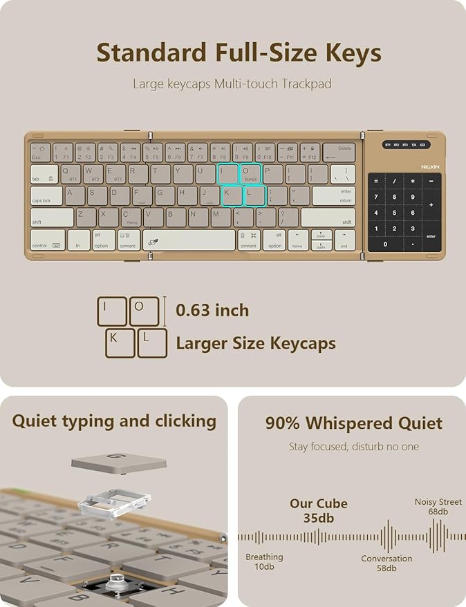 Nillkin Foldable Bluetooth Keyboard with Touchpad & Number Pad, Portable Bluetooth Keyboard with Full Size Keys, Pocket-Sized Wireless Travel Keyboards for iPad, Smartphone, Tablet and Laptop Khaki