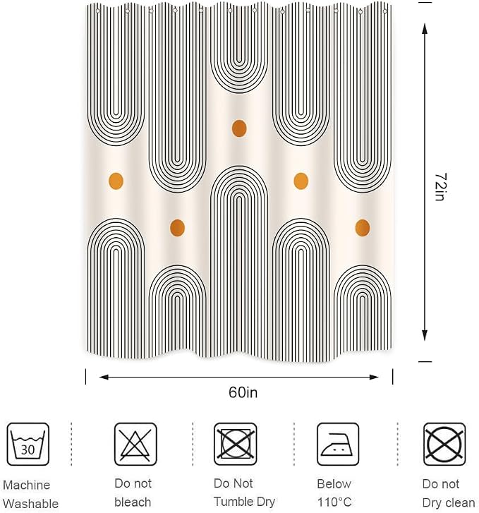 Mid Century Shower Curtain Boho Minimalist Abstract Arch Sun Simple Lines Geometric Modern Beige Bathroom Decor Waterproof Fabric 72Lx60W Inch with 12pcs Plastic Hooks