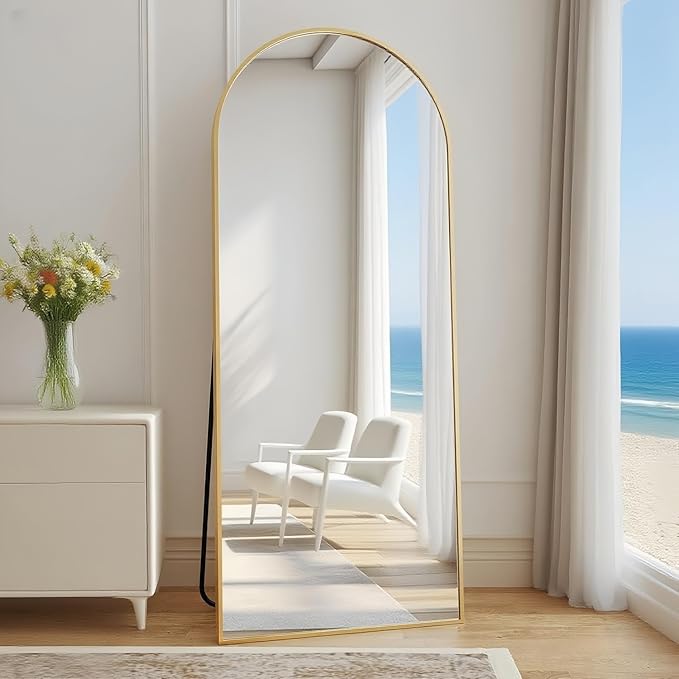 Dewfig Arched Full Length Mirror,64"x20" Gold Mirror with Stand, Full Body Mirrors for Leaning Against or Wall Mounted, Large Floor Mirrors for Bedroom, Living Room, Gold