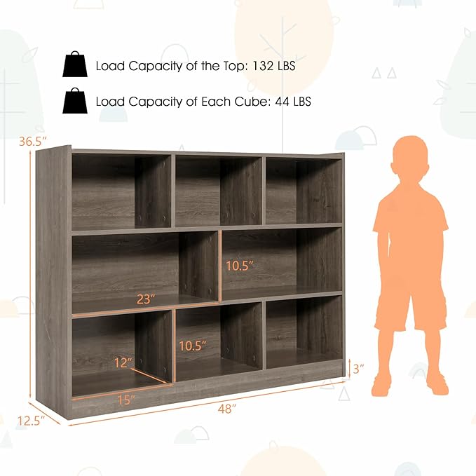Costzon 3-Shelf Bookcase for Kids, Wooden Toy Storage Organizer for Books Toys, 8-Section Freestanding Classroom Daycare Montessori Bookshelf for Preschool, Home Playroom & Kindergarten (Grey)