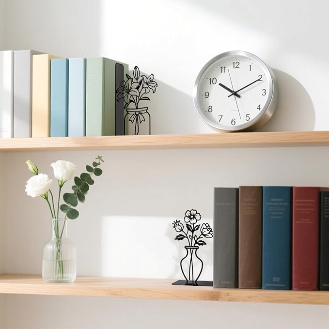Metal Flower Book Ends Flower Vase Bookends Decorative Book Ends for Shelves Bookshelf Home Office Desk Bookshelf Decor Gift for Reading Enthusiasts