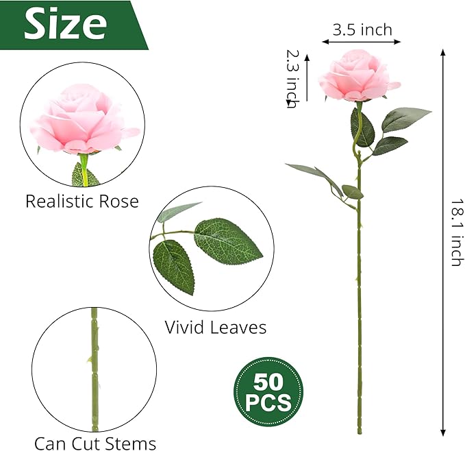 50pcs Artificial Roses Flowers in Bulk,Realistic Silk Fake Rose with Long Stem for Wedding Centerpieces Bouquet Party Floral Arrangement Home Decoration(Pink)