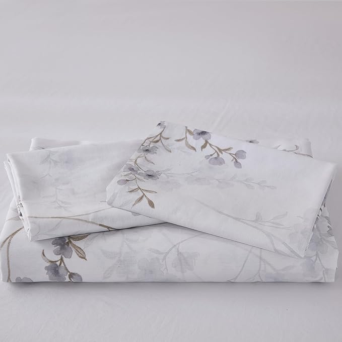 Floral Duvet Cover King Size - 100% Nature Cotton Reversible Grayish Flower Bedding Set with Zipper Closure, 3 Pieces Soft & Breathable Beige Comforter Cover