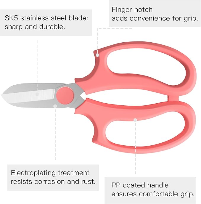 Housolution Flower Scissors, Strong Floral Shears, Premium Steel Garden Pruning Shears Garden Scissors Floral Fruits Leaf Scissors Hand Pruner Snip Trimming Tool for Gardening Flower Arrangement, Pink