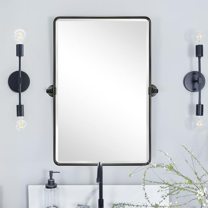 Farmhouse Pivot Rectangle Bathroom Mirror Oil Rubbed Bronze Metal Framed Tilting Beveled Vanity Mirrors for Wall, Overall 23.91 x 30 inches (Mirrror 20 x 30 inches)