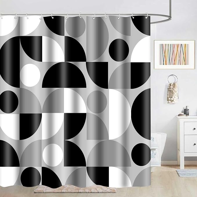 Black White and Grey Mid Century Modern Shower Curtain Boho Abstract Geometric Art Shower Curtains for Bathroom Decor 72x72 Inch Colorful Unique Pattern Washable Fabric Bathroom Set with 12 Hooks