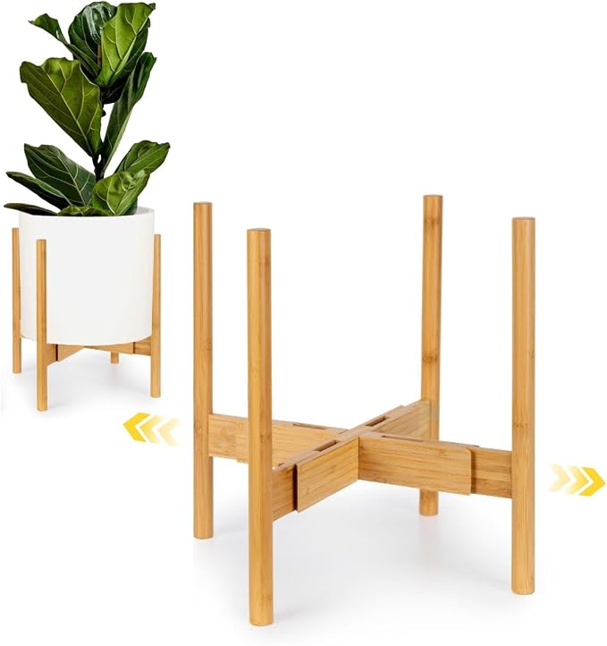 Fox & Fern Large Adjustable Plant Stand Indoor — 11 to 15 Inch Premium Mid Century Bamboo Plant Stand; Plug In Design; Easy Assembly; Two Heights - For 11, 12, 13, 14 & 15 Inch Pots (Not Included)