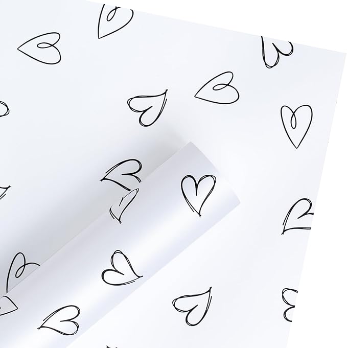WRAPAHOLIC 20 Sheets Flower Wrapping Paper - 22.8 x 22.8 inch White and Black Love Design Water-Resistant Floral Bouquet Wrapping Paper, Florist Supplies Packaging for Wedding Birthday Gift DIY