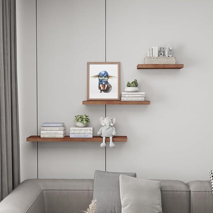 SAUMONIERES Floating Wall Shelves for Bedroom Bathroom Wall Mounted Solid Wood Shelf 24 Inch Set of 3, Walnut Floating Shelves
