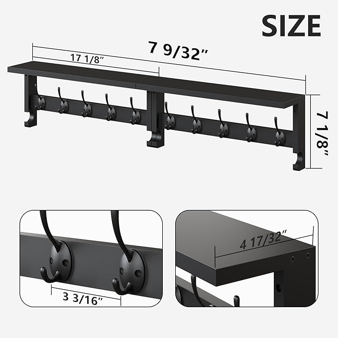 AMBIRD Coat Rack Wall Mount with Shelf, 17.1 Inches Coat Hooks Wall Mounted, Hat Wall Hooks for Hanging in Entryway, Living Room, Bathroom, Bedroom (Black)