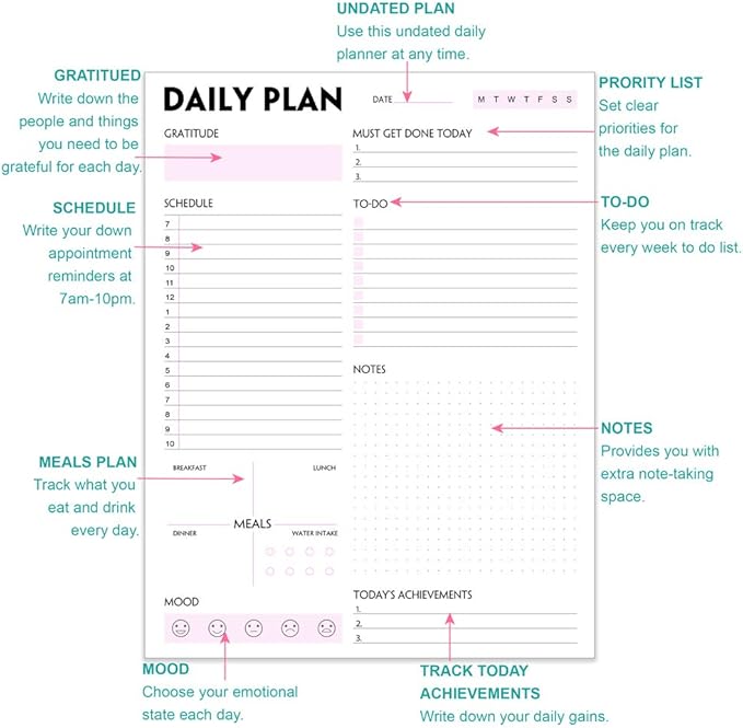 Daily Planner Notepad - Tear-Off Daily Planning Pad, Organizer with To Do Lists, Schedule, Appointment, Productivity Tracker, 50 Undated Sheets, 8.5 x 11 in