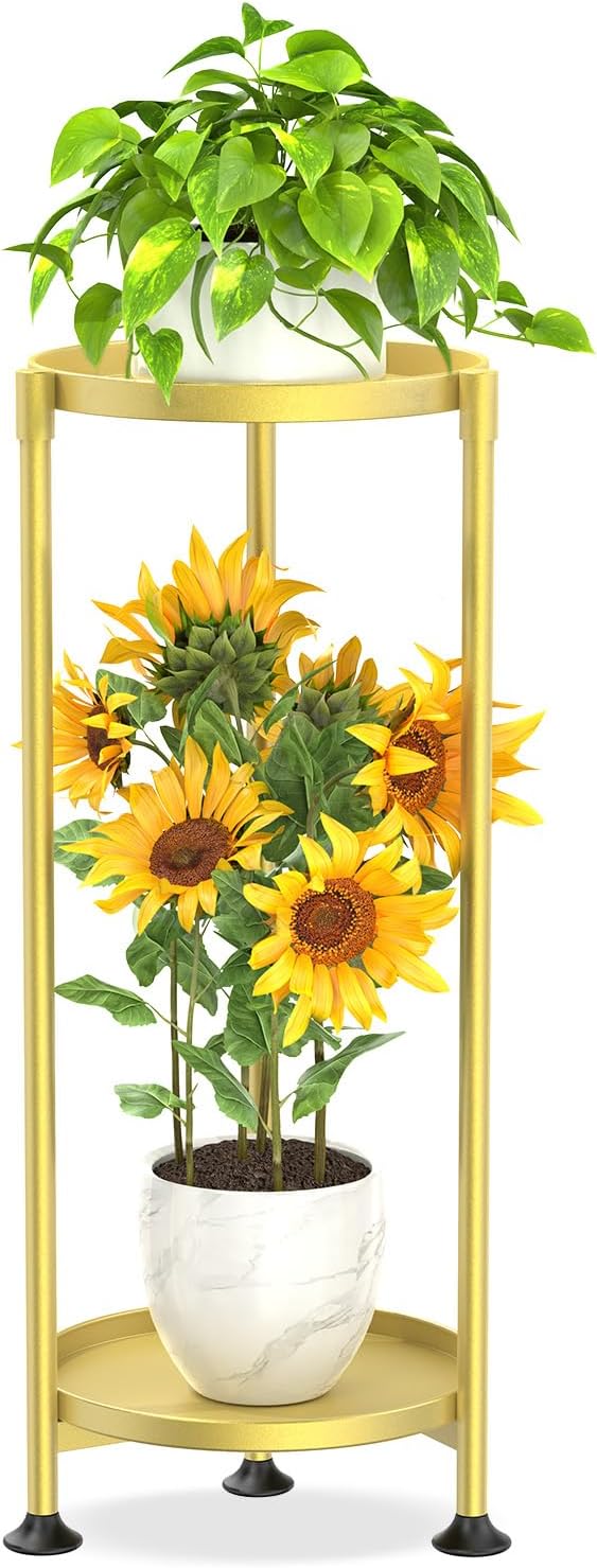 KMOTASUO 2 Tier Plant Stand Indoor for Large Tall Heavy Duty Planter, Multiple Sturdy Metal Flower Corner Rack for Narrow House Floor, Iron Vertical Level Round Orchi Holder Organizer, Gold