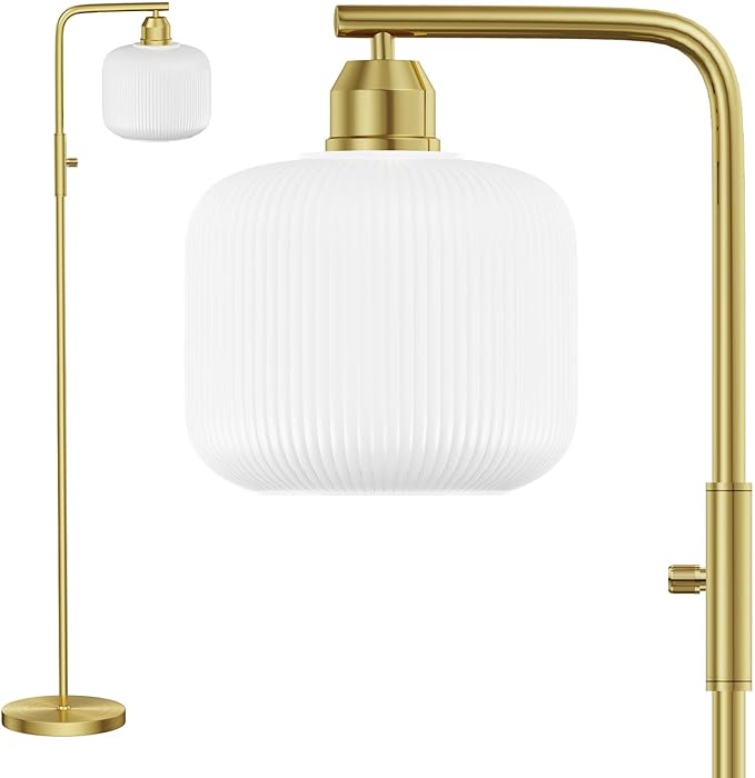Glass Floor Lamp for Living Room, Modern Standing Lamp with White Glass Lampshade & Brushed Gold, Stepless Dimmable and Rotary Switch, 66” Tall Lamp & White Floor Lamp for Bedroom Study Room