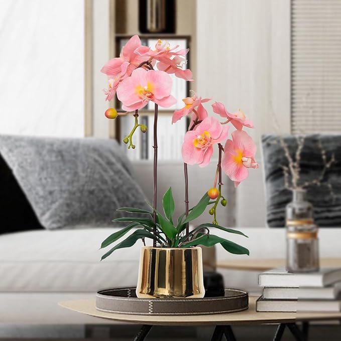 CXGS Orchids Artificial Flowers Realistic Fake Flowers in Ceramic Pot 20" Pink Lifelike Faux Floral Arrangement Soft PU Phalaenopsis for Home Hotel Indoor Decor, Centerpiece Display
