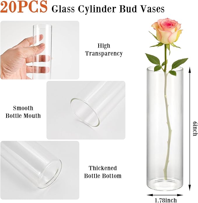 20 Pack 5.9" Tall x 1.8" Diameter Clear Glass Cylinder Vases - Multi-Use Flower Vase, Hurricane & Floating Candle Holders for Wedding Centerpieces, Home Decor, Table Displays (20)