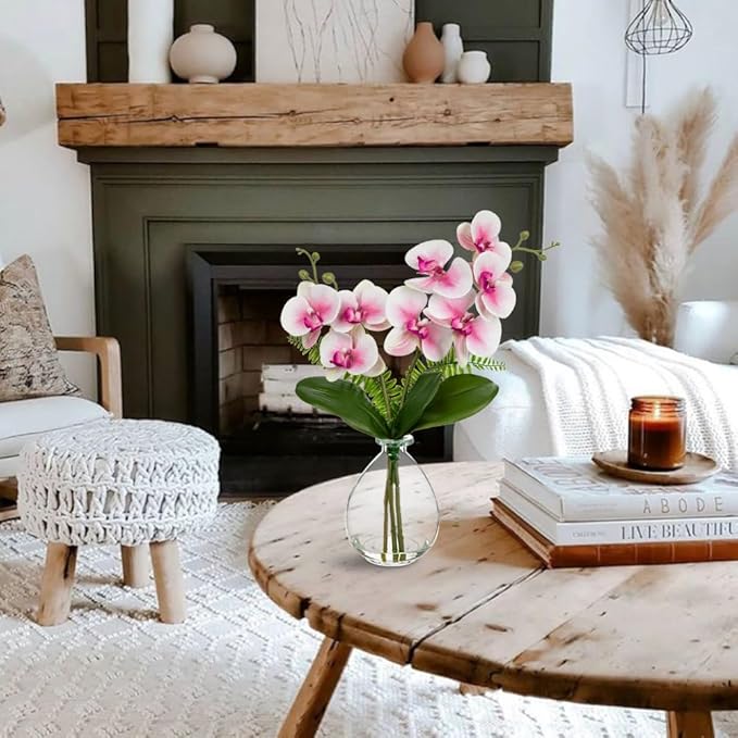 Oairse Pink Orchids Artificial Flowers, Faux Orchid in Glass Vase Real Touch Small Phalaenopsis Orchid Flowers Arrangements with Clear Vase Orchids Centerpiece for Dining Room Table