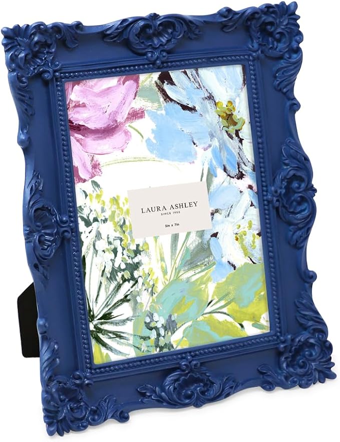 Laura Ashley 5x7 Navy Ornate Textured Hand-Crafted Resin Picture Frame with Easel & Hook for Tabletop & Wall Display, Decorative Floral Design Home Décor, Photo Gallery, Art, More (5x7, Navy)