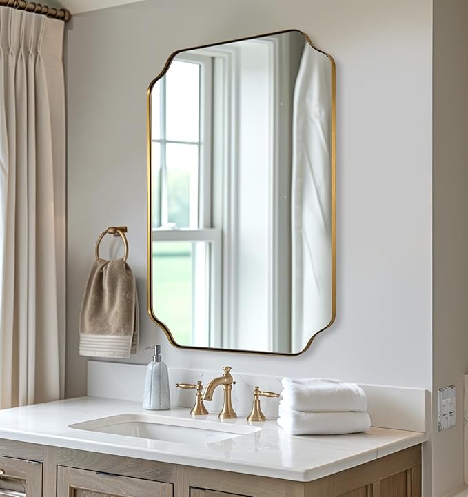 ANDY STAR 20"x30" Brushed Gold Scalloped Mirror, Bathroom Mirror for Over Sink, Antique Champagne Bronze Mirror in Rustproof Stainless Steel Thin Frame, Compact Size Ideal for Small Bathroom Remodel