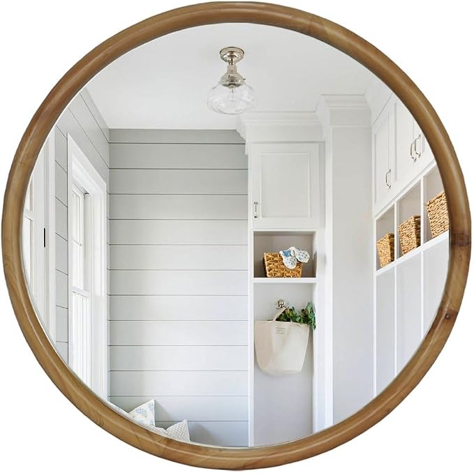 Round Wood Framed Wall Mirror 35.43 Inch, Natural Wooden Circle Mirror for Bathroom Bedroom Entryway, Mid-Century Modern Decorative Large Wall Accent Mirror, Oak