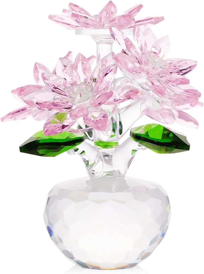 YWHL Pink Crystal Flower Figurine Decor with Stand, Handmade Glass Flower Gifts for Women, Beautiful Art Collectible Statue for Home Table Centerpiece（Pink