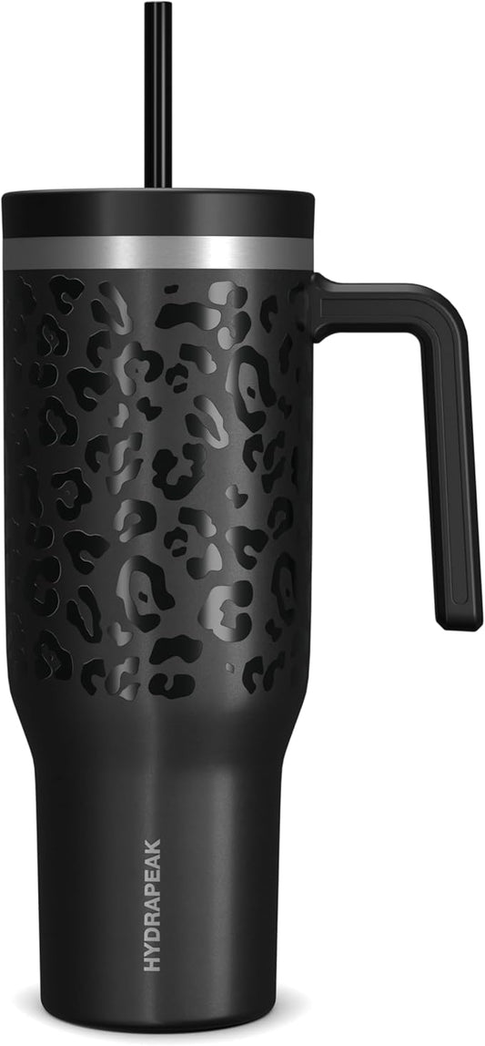 Hydrapeak Voyager 40 Oz Stainless Steel Tumbler with Handle, Insulated Water Bottle With Straw & Lid, Cupholder Friendly Reusable Travel Mug (Black Leopard)
