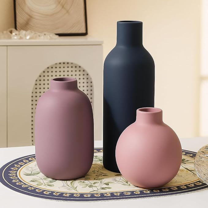 Ceramic Vase Set of 3, Modern Neutral Vases for Home Decor, Purple Gray Blue Pottery Vases for Pampas Grass, Dried or Fresh Flowers, Decorative Vase for Table, Shelf, Kitchen, Living Room, Bedroom