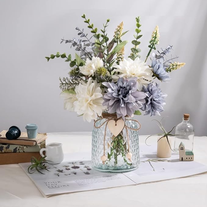 Silk Flowers in Vase, Artificial Flowers with Vase Fake Flowers Arrangement Faux Dahlia for Decoration Table Centerpiece (Dahlia)
