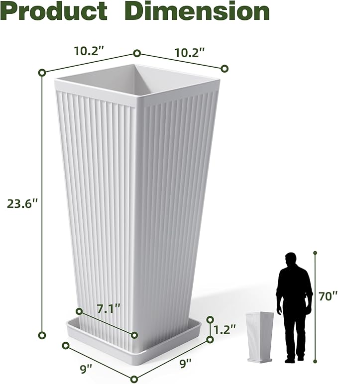 Square Tall Planters for Outdoor Plants Set of 2-23.6" Modern Tapered Indoor Flower Pots with Drainage Holes/Partition/Tray, Large Outdoor Planters for Porch Patio Garden Front Porch, White