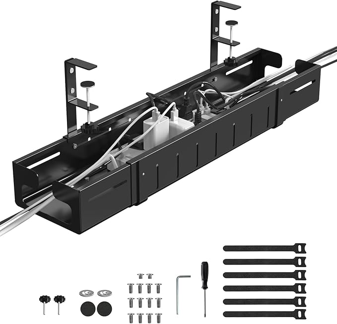 REALINN Under Desk Cable Management Tray Black, Expandable 25.27"-38.66" Sturdy Steel Desk Cord Hider Raceway for Office/Home
