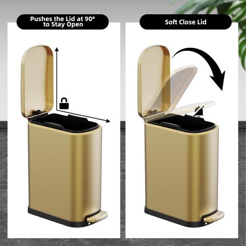 KSSKSS Slim Bathroom Trash Can - 2.6 Gallon Stainless Steel with Soft Close Foot Pedal | Gold Finish