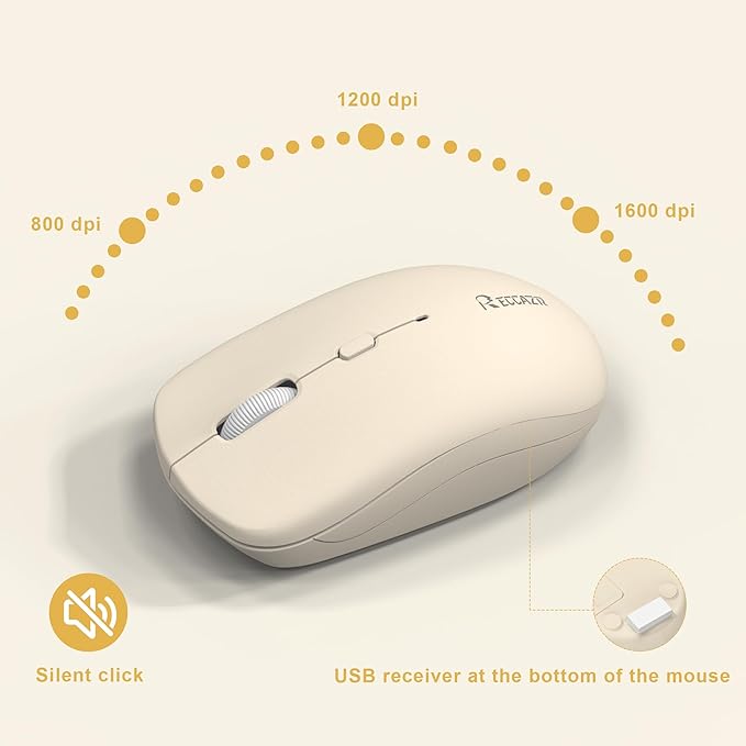 Silent Wireless Keyboard and Mouse Combo, Full-Sized Wireless Keyboard and Adjustable DPI Mouse, 2.4GHz USB Receiver, Keyboard and Mouse for PC, Windows, MAC, Desktop, Laptop(Latte-Color B)