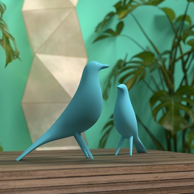 Mid Century Modern Retro Style Bird Family Decor Vintage Look Figurines 1960s 50s MCM Midmod Set of 2 Office Decoration Home Living room Gift (Light Blue)