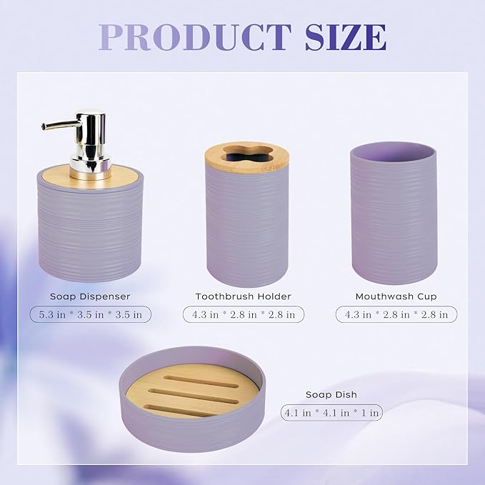 4 PCS Lavender Bathroom Accessories Set, Includes a Soap Dispenser, Toothbrush Holder, Soap Dish and Mouthwash Cup, Plastics & Bamboo Bathroom Set, Bohemian Style Bathroom Sink Set