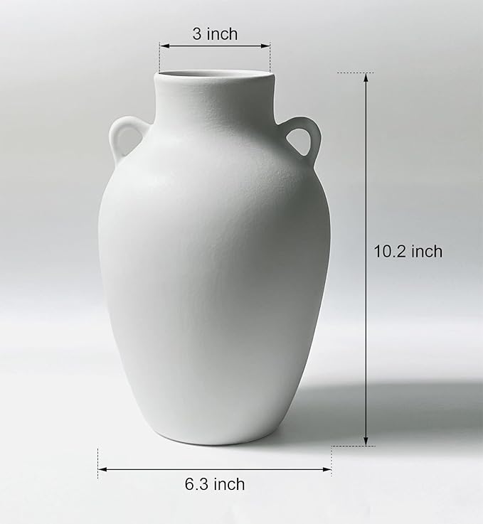 GeLive Matte White Ceramic Jar Vase with Dual Handles, Handmade 10 Inch Waterproof Rustic Farmhouse Pitcher Vase for Table Centerpiece, Flower Arrangement Home Decor