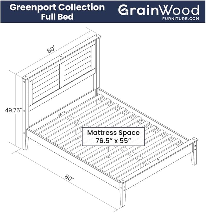 Grain Wood Furniture Greenport Solid Wood Platform Bed, Full Size, Brushed Grey