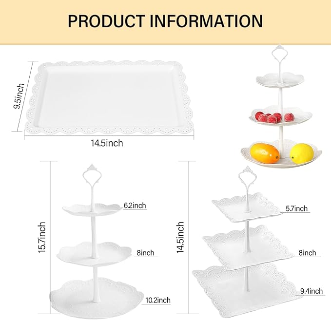 10 Pcs Cake Stand White Plastic Dessert Table Display Set 4 Pcs 3 Tired Cupcake Stand Cookie Tray Rack Serving Tray Cake Display Tower and 6 Pcs Dessert Trays for Wedding Baby Shower Tea Party (White)