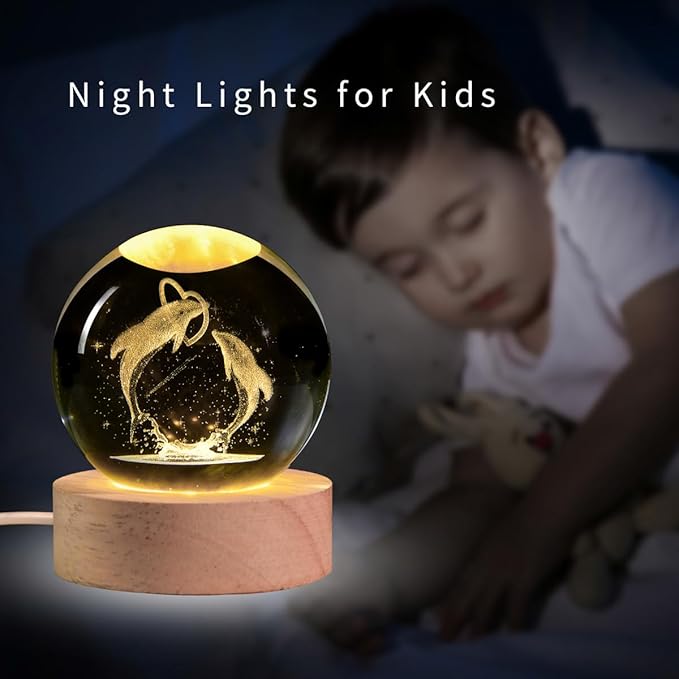 3D Laser Engraved Dolphin Crystal Ball, Romantic Dolphin & Heart LED Night Light, 60mm Sea Animal Figurines Decor Glass Sphere Lamp Gifts for Women Kids Mom