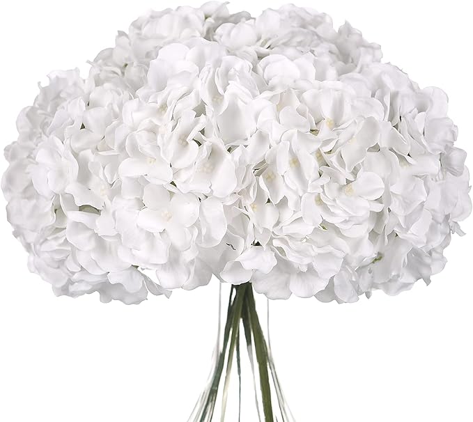 Silk Hydrangea Heads with Stems Artificial Flowers Heads for Home Wedding Decor,Pack of 10 (White)
