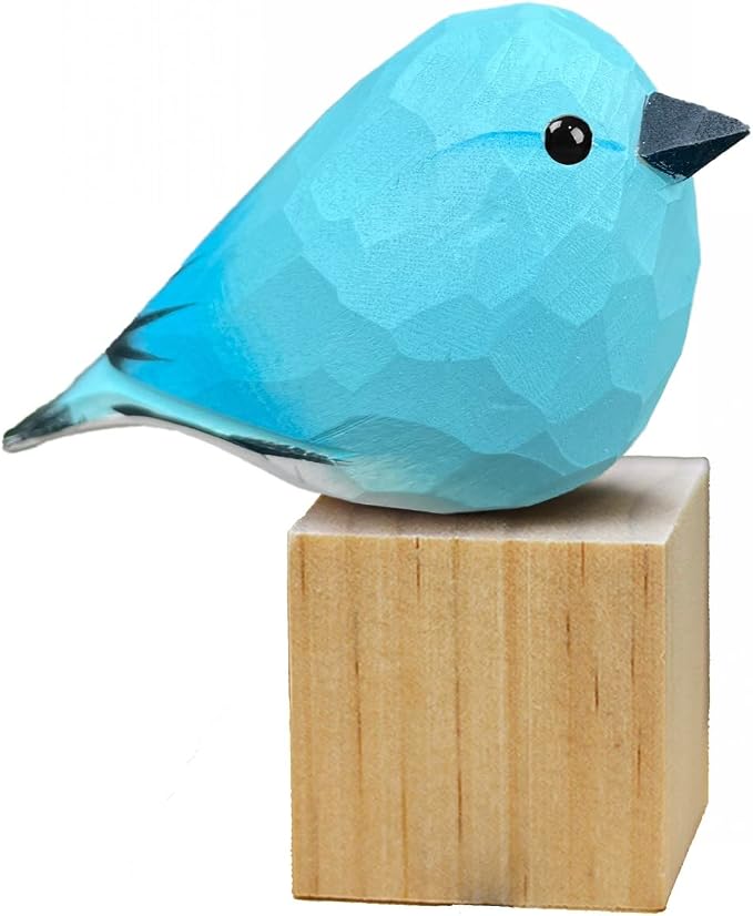 Hand Carved Painted Wooden Birds for Home Decor, Bird Statue for Lovers, Housewarming, Birthday, Christmas, Anniversaries (Blue Robins)