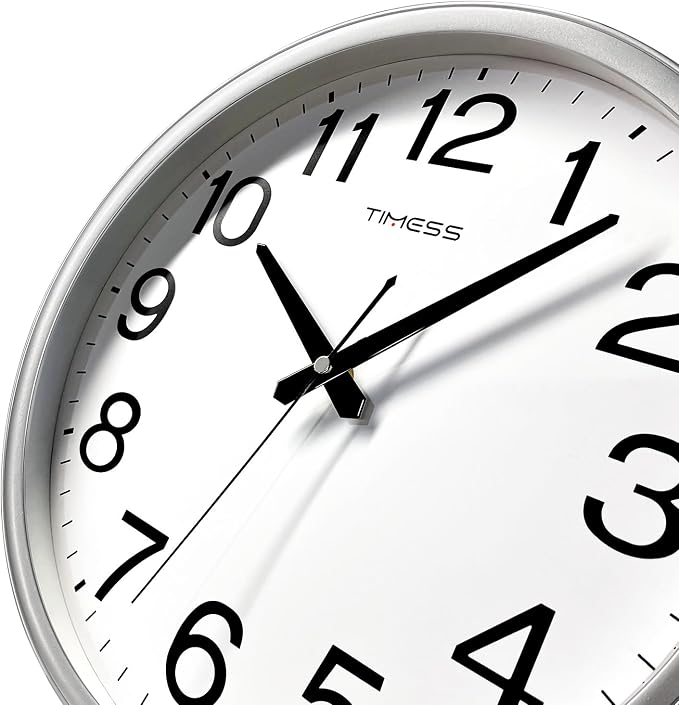 TIMESS Wall Clock, 16 Inch Large Dial Non-Ticking Silent Battery Operated Quality Analog, Ultra-Quiet Movement Quartz, Timeless Stylish Clock, Ideal Modern Home, Office Décor (Sliver)