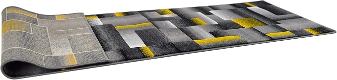 HR Runner Rug in Orangish Yellow - Premium Quality Orangish Yellow/Black/Gray Abstract Geometric Modern Squares Pattern Area Rug - Contemporary Styling for Hallway Entryway
