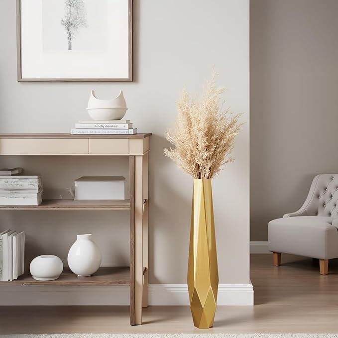 Tall Vases - 27.5" Tall Floor Vase for Home Decor, Resin Floor Vase with Handmade Dimensional Geometric Style, Fits Into Hay/Pampas Grass, Boho Living Room Decor (Gold)