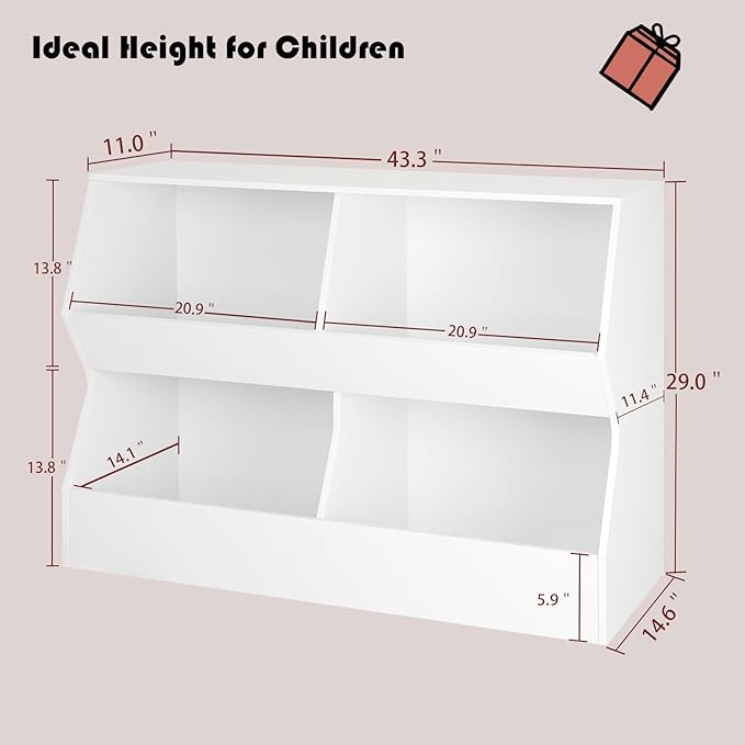 DINZI LVJ Kids Bookshelf, Toy Storage Organizer, Wooden Toy Storage Cabinet, 4 Cubby Children Bookcase, 43.3" L Toddler Book Shelf for Bedroom, Nursery, Hallway, School, White