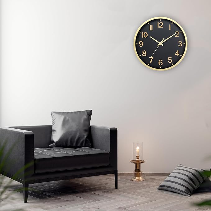 Wall Clocks Battery Operated 10 inch Modern Wall Clock,Silent Non Ticking Wall Clock for Living Room Bedroom Kitchen Office Classroom Decor (Black Gold)