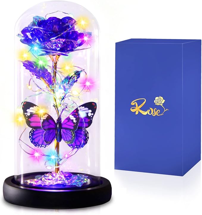 Purple Butterfly Rose Flower Birthday Gifts - Women Gifts for Her Mothers Day Valentines Anniversary Christmas Thanksgiving - Light Up Rose Flower Gifts for Mom Wife Grandma Girlfriend Daughter Sister