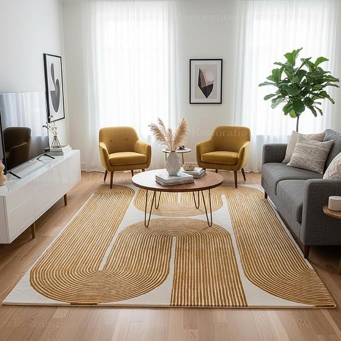 Modern Handmade Wool Area Rug, Abstract Curved Line Geometric Carpet for Living Room Bedroom, Contemporary Tufted Indoor Rug with Soft Pile and Cotton Backing (Gold, 6' x 8')